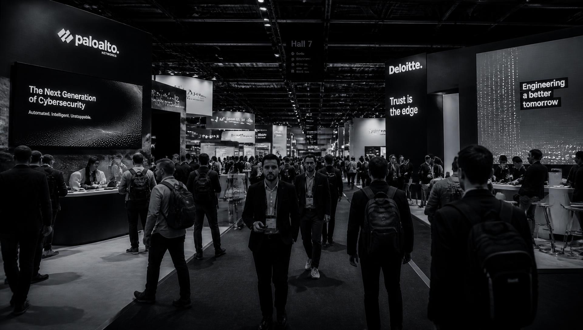 Attendees walking the floor of a large technology conference